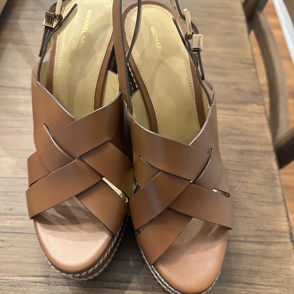 Michael Kors Shoes - Michael Kors Tan Leather Crisscross Wedge Sandals